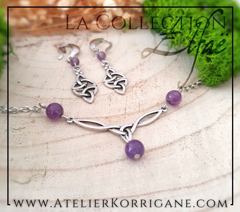 Boucles d'Oreilles Elfiques en Améthyste avec Triquetra Celtique Korrigane