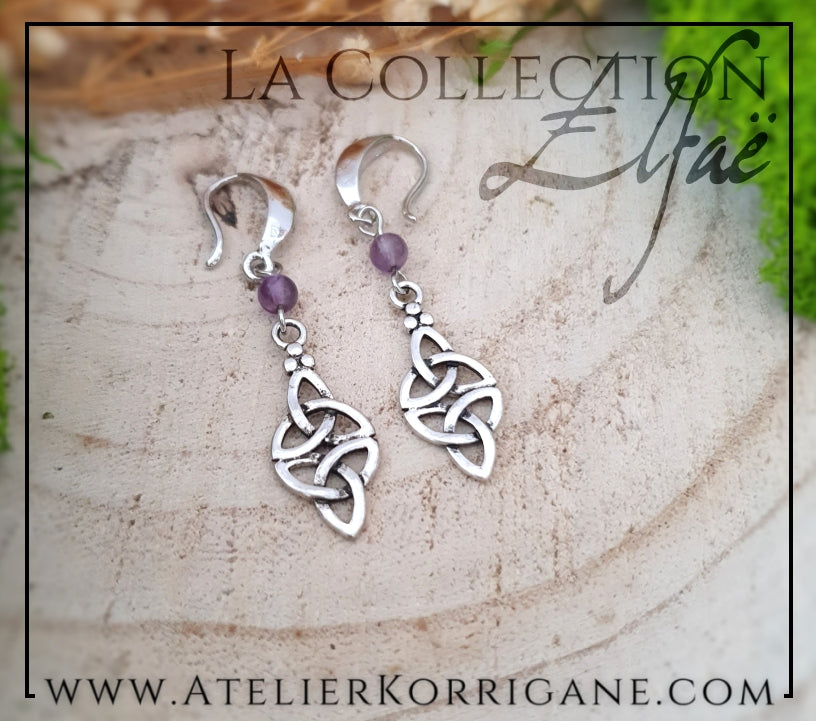 Boucles d'Oreilles Elfiques en Améthyste avec Triquetra Celtique Korrigane