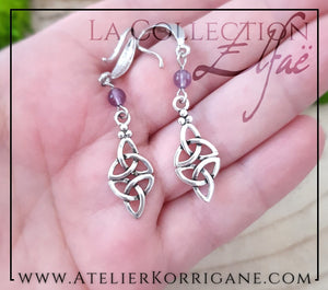 Boucles d'Oreilles Elfiques en Améthyste avec Triquetra Celtique Korrigane