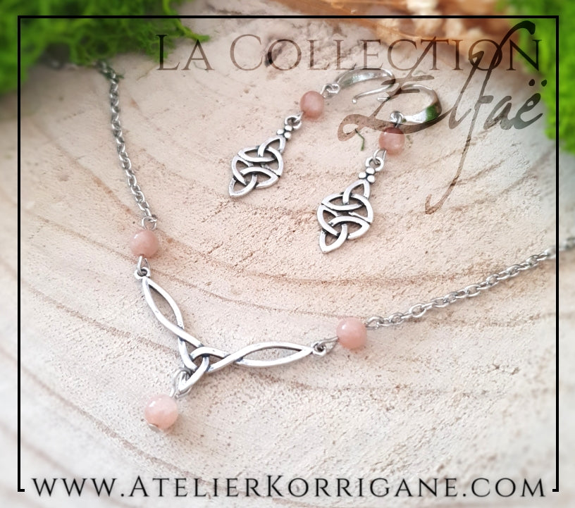 Boucles d'Oreilles Elfiques en Pierre de Lune Pêche avec Triquetra Celtique Korrigane