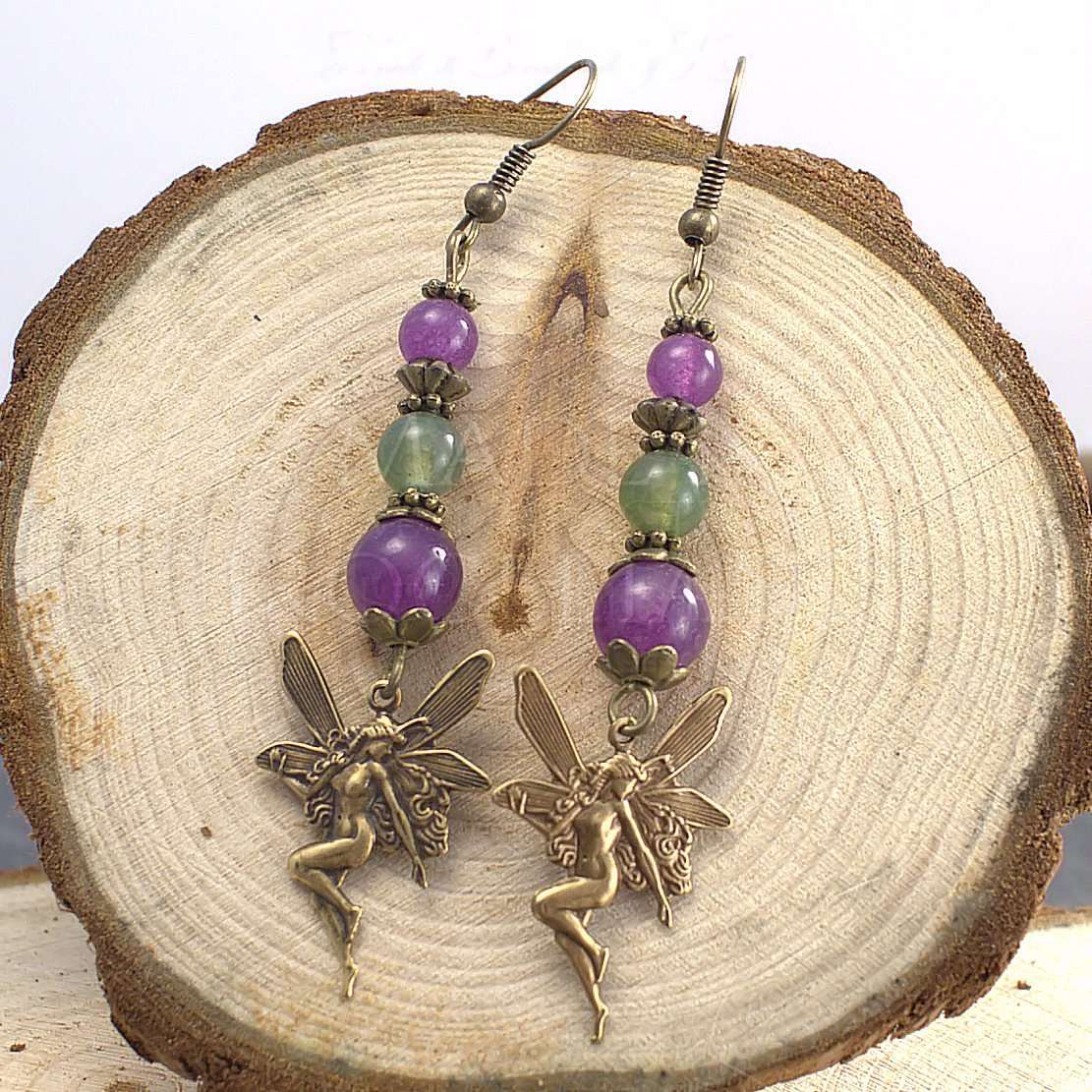 Boucles d'Oreilles Kendoniañ - Fée - Améthyste & Agate Mousse - Artisanat Made In Brocéliande - Bretagne - France - Lithothérapie Korrigane