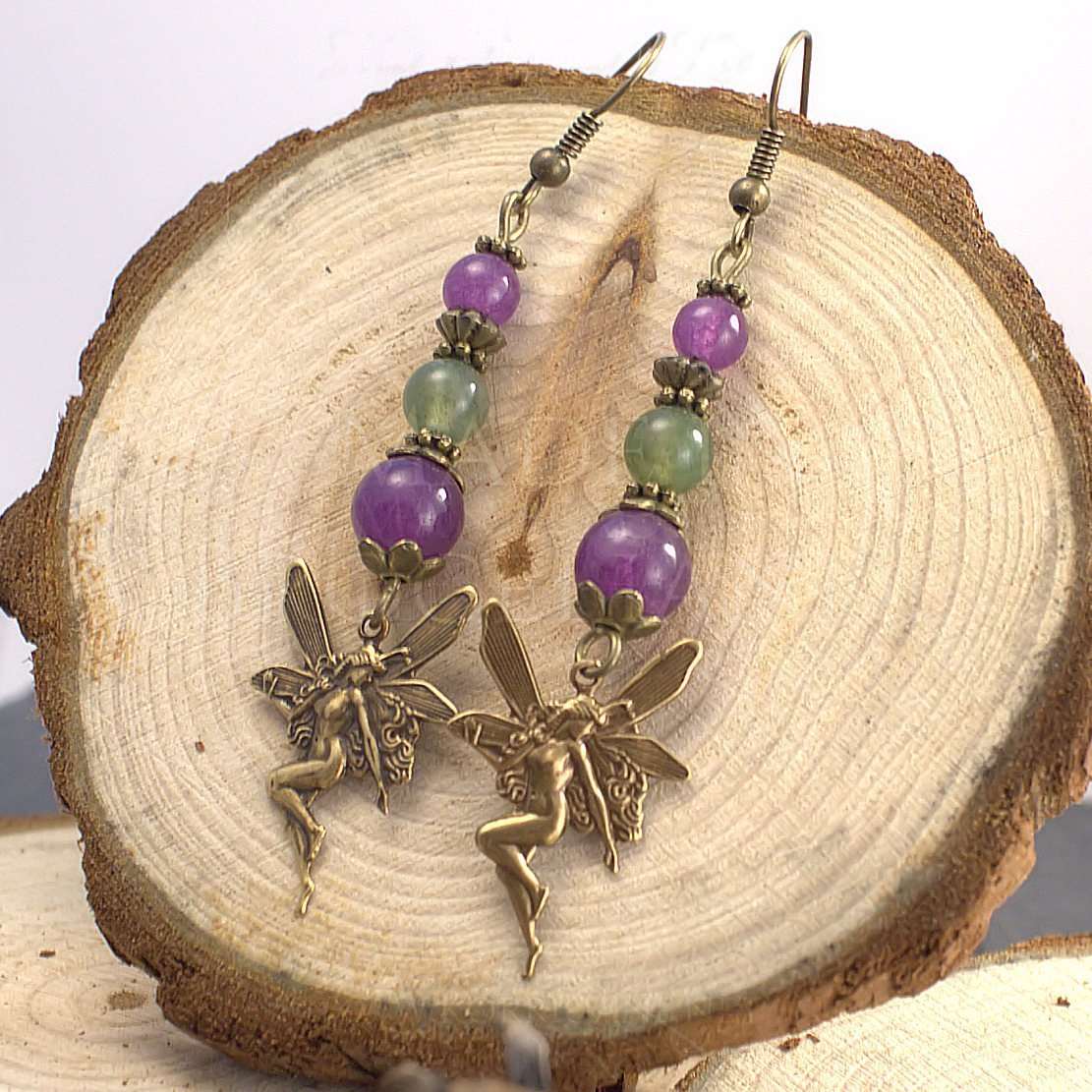 Boucles d'Oreilles Kendoniañ - Fée - Améthyste & Agate Mousse - Artisanat Made In Brocéliande - Bretagne - France - Lithothérapie Korrigane