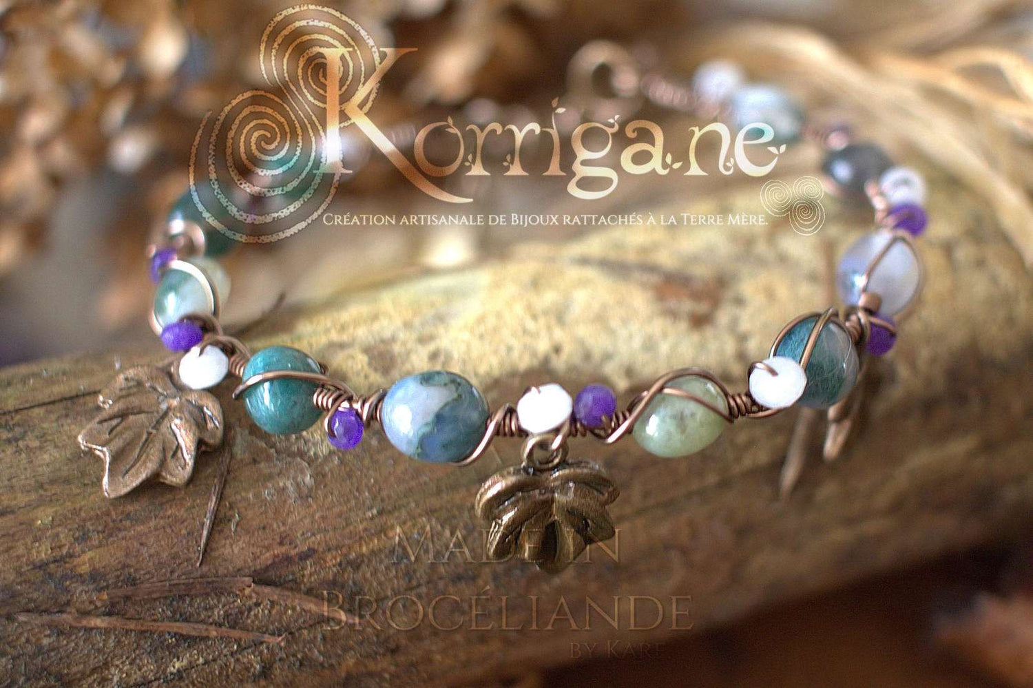 Bracelet Arduinna - Bijou forestier - Agate Mousse, Améthyste et Jade - Artisanat Made In Brocéliande - Bretagne - France - Lithothérapie Korrigane