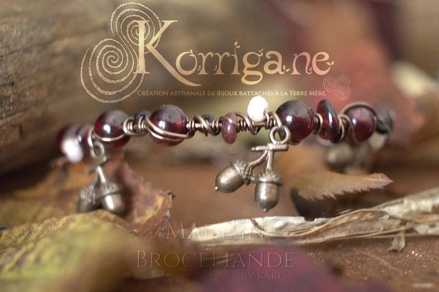 Bracelet Arduinna - Bijou forestier - Grenat, Onyx & Labradorite Blanche - Artisanat Made In Brocéliande - Bretagne - France - Lithothérapie Korrigane