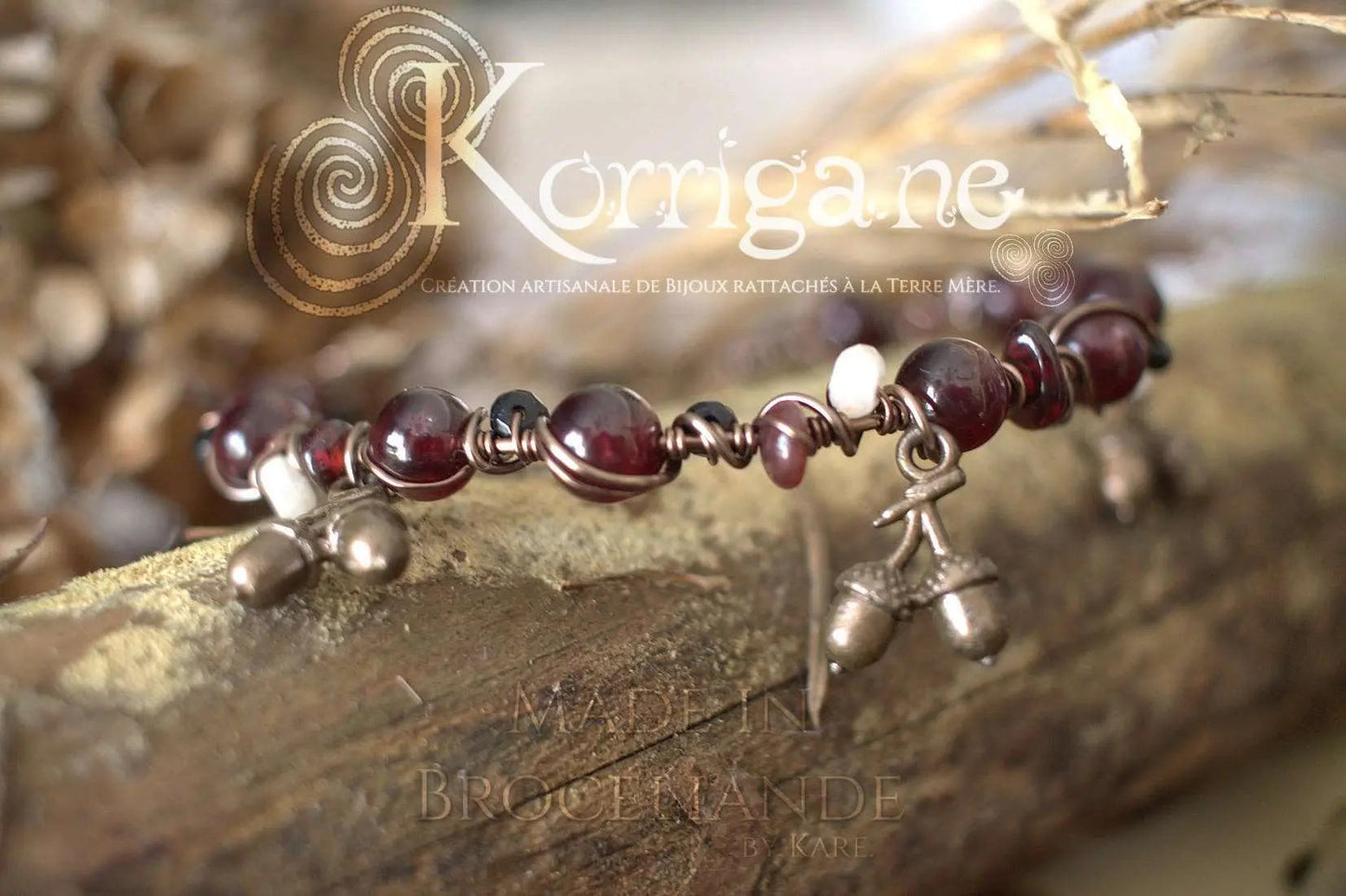 Bracelet Arduinna - Bijou forestier - Grenat, Onyx & Labradorite Blanche - Artisanat Made In Brocéliande - Bretagne - France - Lithothérapie Korrigane