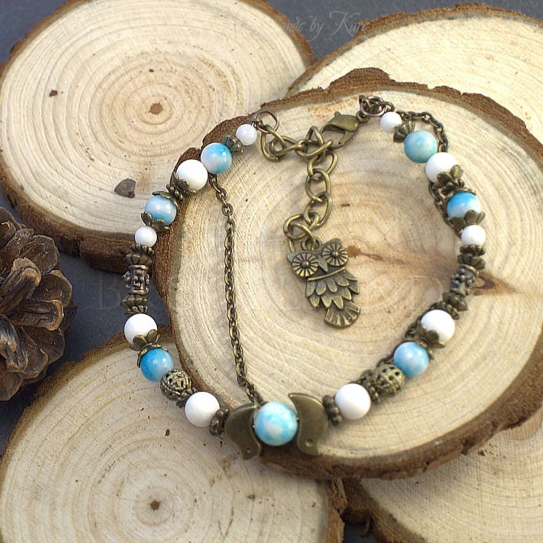 Bracelet Kendoniañ - Hibou - Agate & Jade - Artisanat Made In Brocéliande - Bretagne - France - Lithothérapie Korrigane