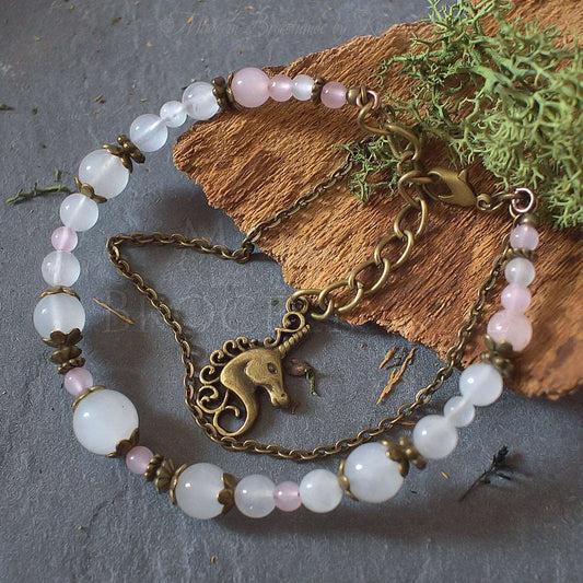 Bracelet Kendoniañ - Licorne - Quartz Rose & Blanc - Artisanat Made In Brocéliande - Bretagne - France - Lithothérapie Korrigane