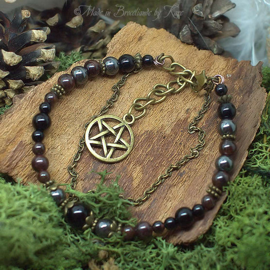 Bracelet Kendoniañ - Pentagramme Pentacle Wicca - Onyx, Grenat, Hématite - Artisanat - Lithothérapie Korrigane