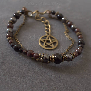 Bracelet Kendoniañ - Pentagramme Pentacle Wicca - Onyx, Grenat, Hématite - Artisanat - Lithothérapie Korrigane