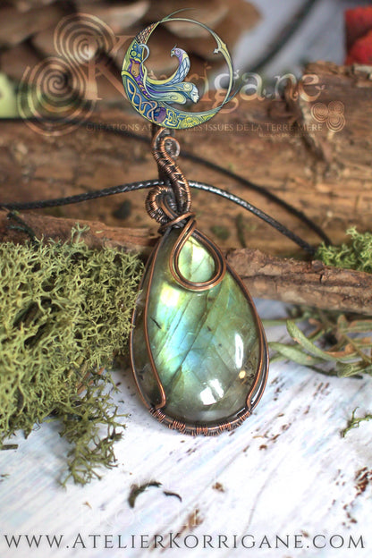 Pendentif Brumes en Labradorite Vert-Bleu et Cuivre Korrigane