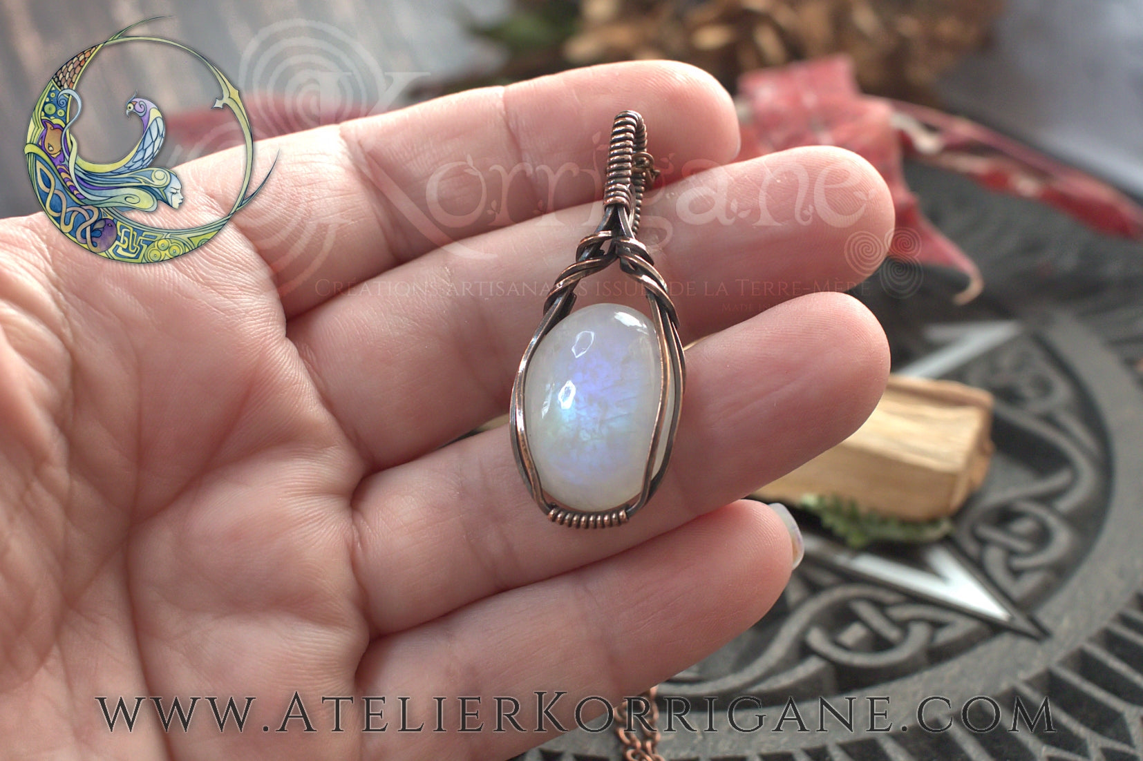 Pendentif Brumes en Labradorite Blanche et Cuivre Korrigane