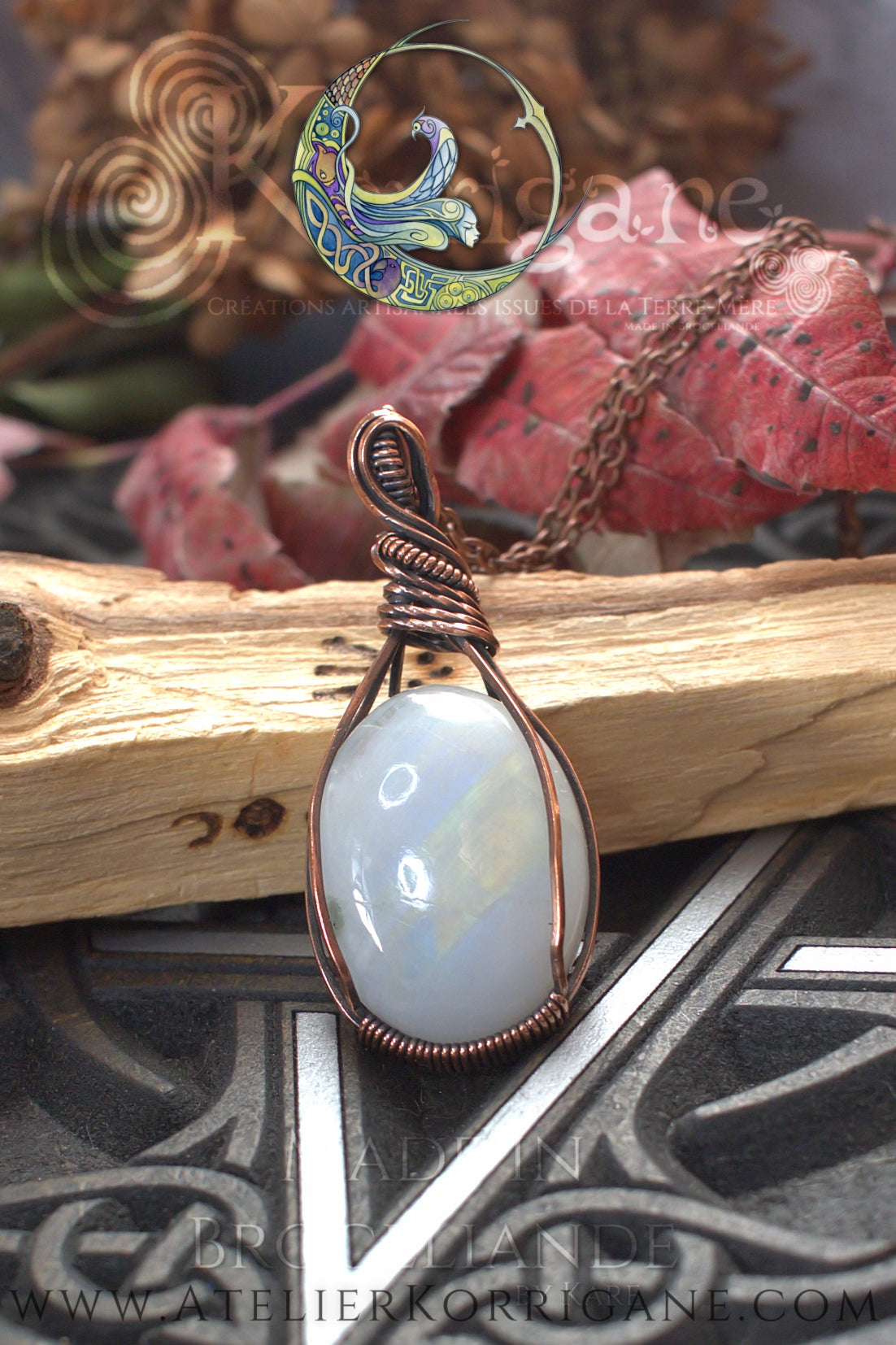 Pendentif Brumes en Labradorite Blanche et Cuivre Korrigane