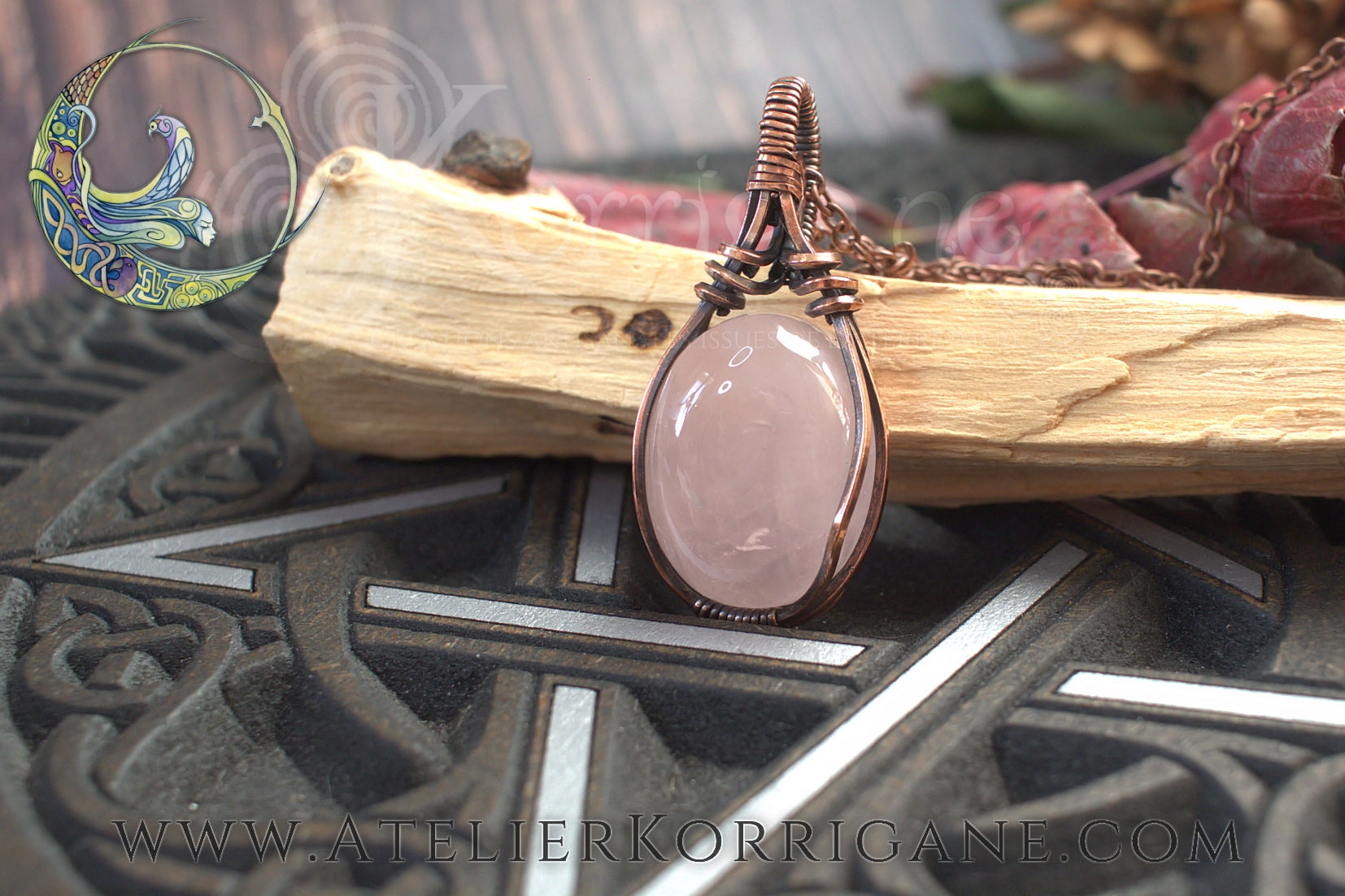 Pendentif Brumes en Quartz Rose et Cuivre Korrigane