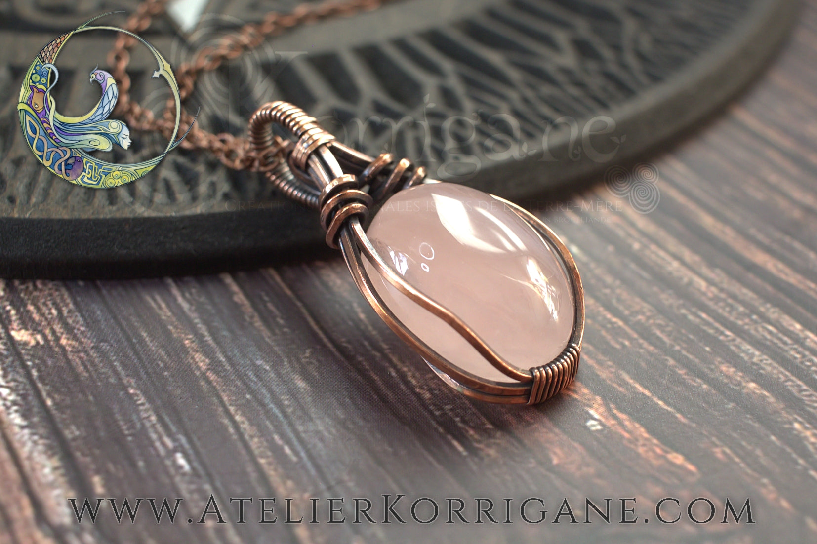 Pendentif Brumes en Quartz Rose et Cuivre Korrigane