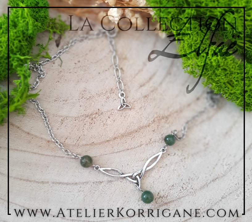 Collier Elfique en Agate Mousse avec Triquetra Celtique Korrigane