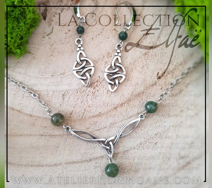 Collier Elfique en Agate Mousse avec Triquetra Celtique Korrigane