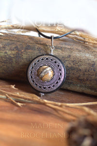 Collier de Protection Pendentif 'Amddiffyn', Jaspe Paysage, talisman de protection, Bois Korrigane