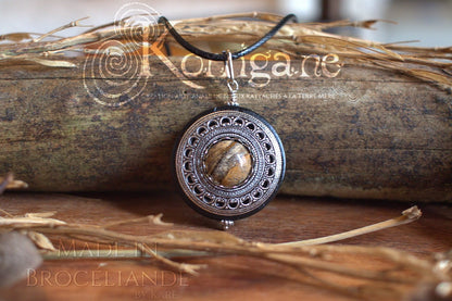 Collier de Protection Pendentif 'Amddiffyn', Jaspe Paysage, talisman de protection, Bois Korrigane