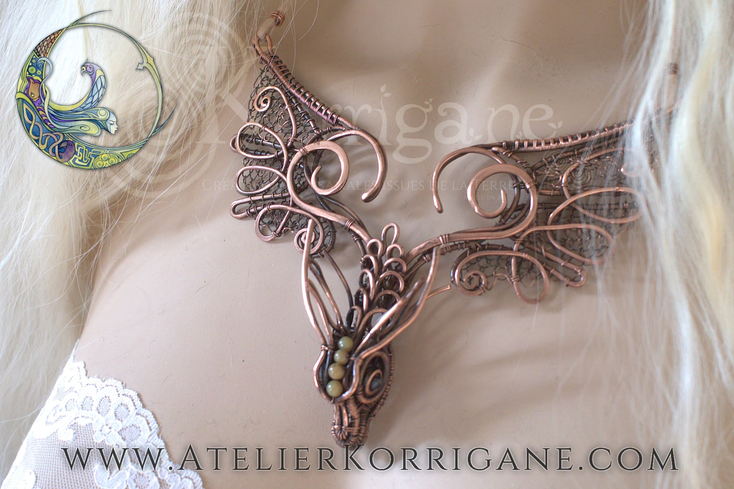 Grand Collier Dragon - en Cuivre et Jade Korrigane