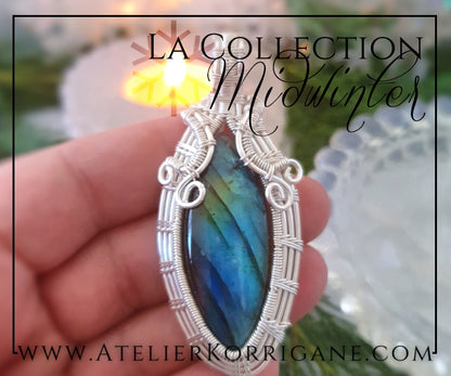 Pendentif en Labradorite verte et bleue et Argent Massif Korrigane