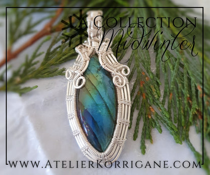 Pendentif en Labradorite verte et bleue et Argent Massif Korrigane