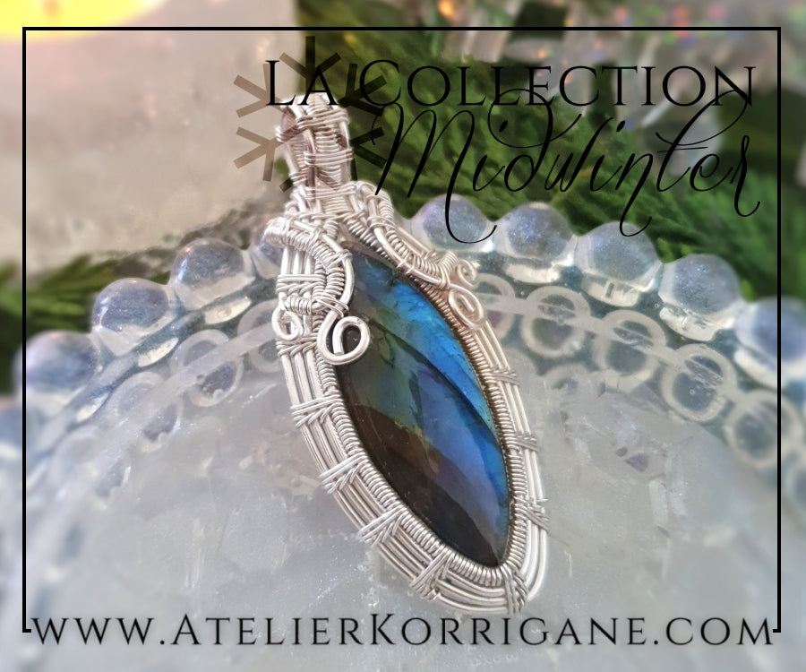 Pendentif en Labradorite verte et bleue et Argent Massif Korrigane