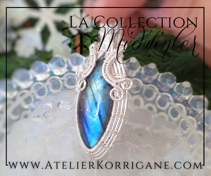 Pendentif en Labradorite verte et bleue et Argent Massif Korrigane