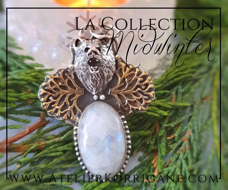 Pendentif Totem Ours en Labradorite blanche et Argent Massif Korrigane