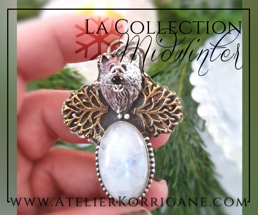 Pendentif Totem Ours en Labradorite blanche et Argent Massif Korrigane