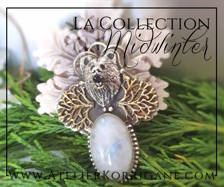 Pendentif Totem Ours en Labradorite blanche et Argent Massif Korrigane