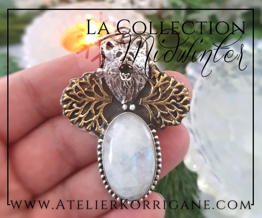 Pendentif Totem Ours en Labradorite blanche et Argent Massif Korrigane