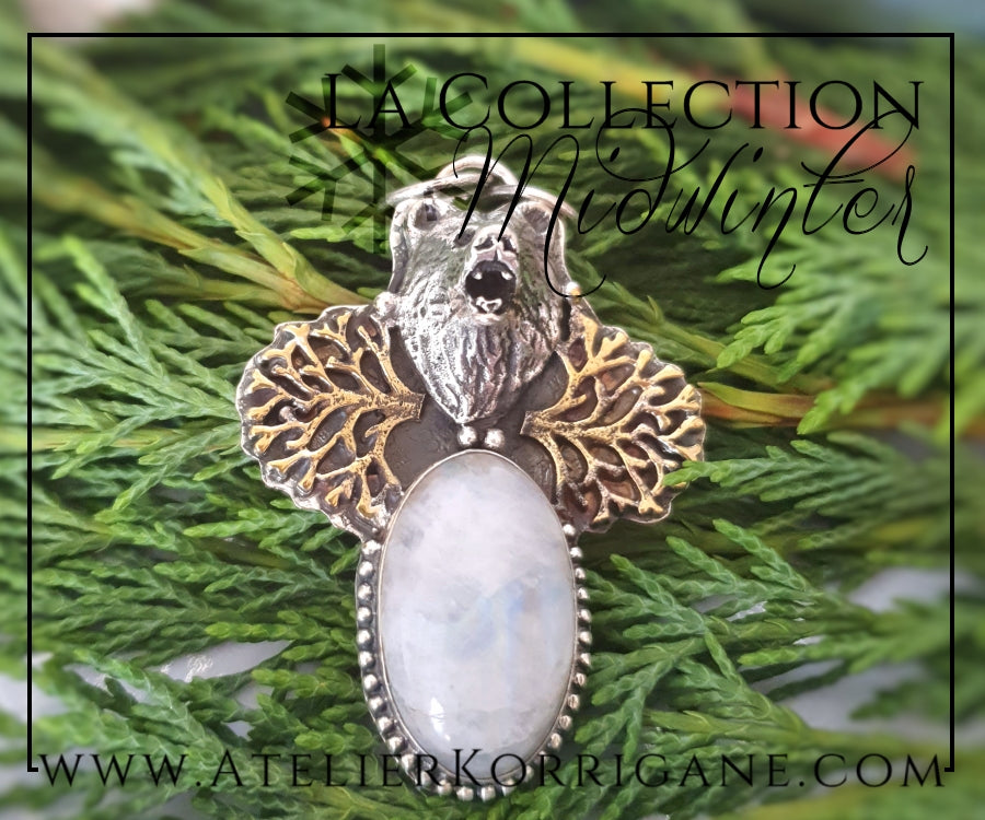 Pendentif Totem Ours en Labradorite blanche et Argent Massif Korrigane