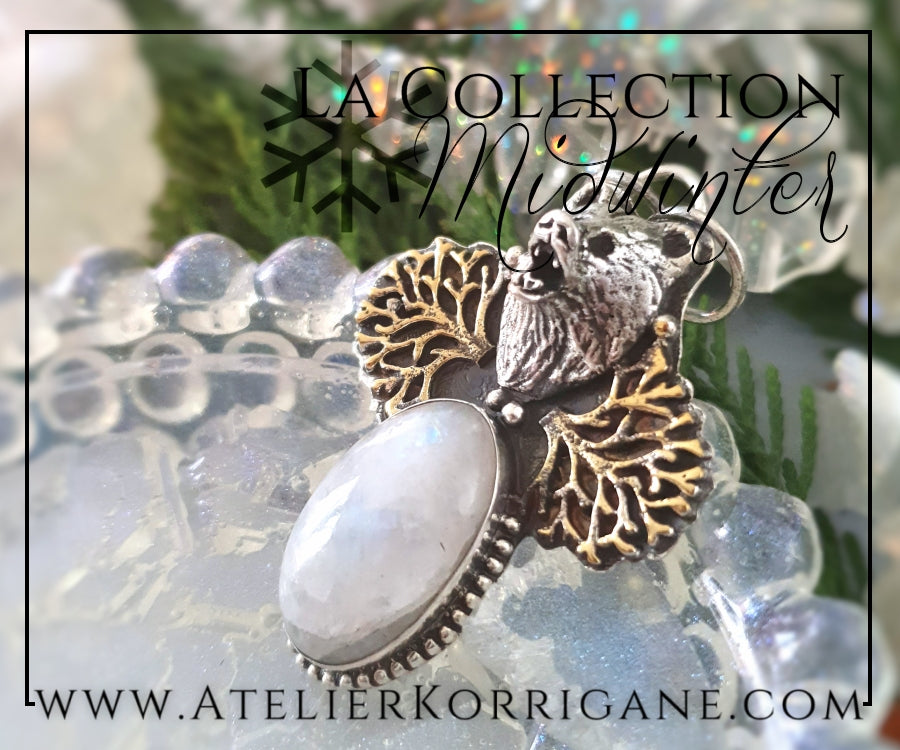 Pendentif Totem Ours en Labradorite blanche et Argent Massif Korrigane