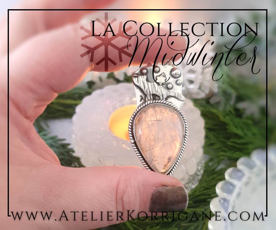 Pendentif Totem Loup en Quartz Rutile et Argent Massif Korrigane