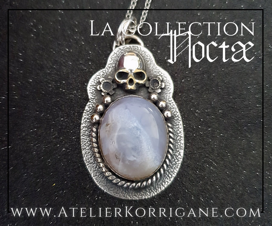 Pendentif Noctae en Agate tendrement bleutée et Argent Korrigane