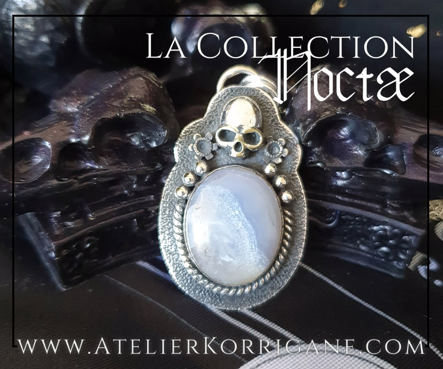 Pendentif Noctae en Agate tendrement bleutée et Argent Korrigane