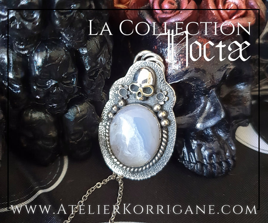 Pendentif Noctae en Agate tendrement bleutée et Argent Korrigane