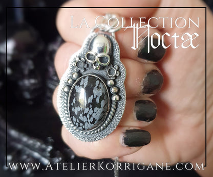 Pendentif Noctae en Obsidienne flocons de neige et Argent Korrigane