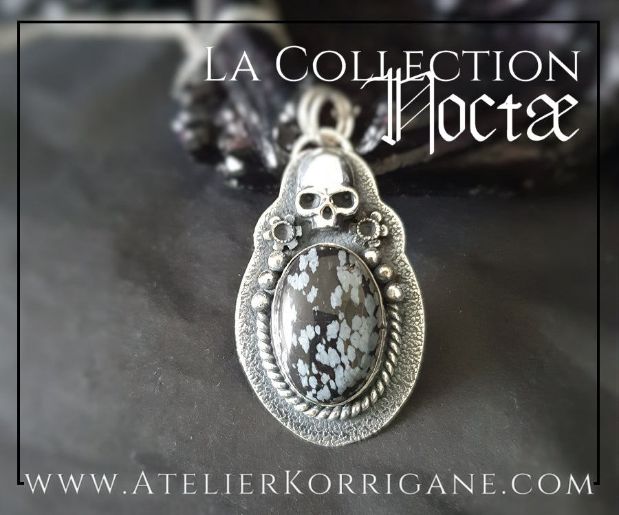 Pendentif Noctae en Obsidienne flocons de neige et Argent Korrigane