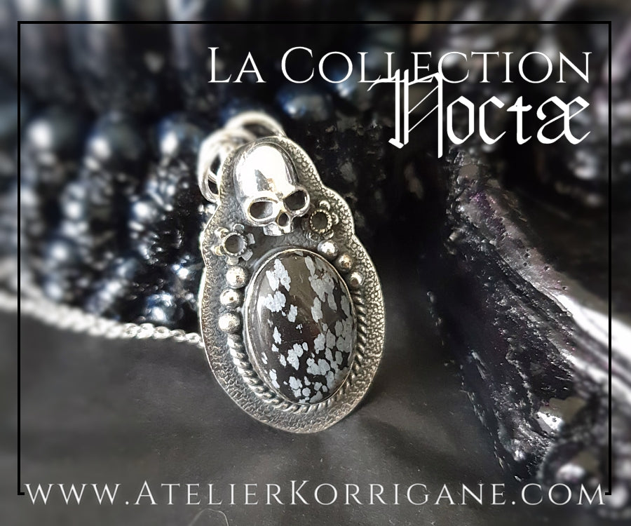 Pendentif Noctae en Obsidienne flocons de neige et Argent Korrigane