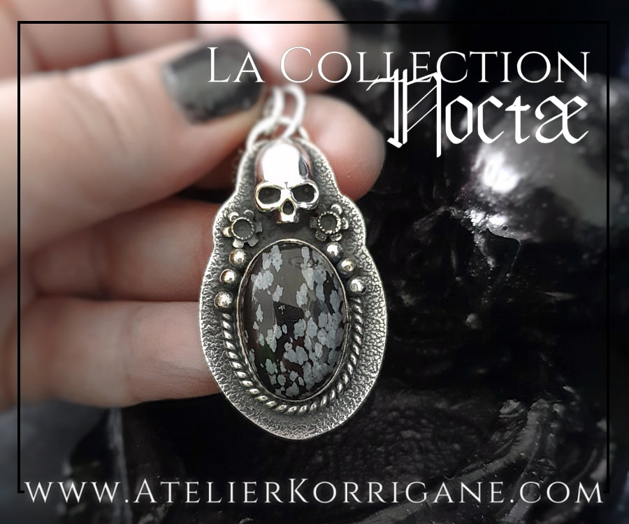 Pendentif Noctae en Obsidienne flocons de neige et Argent Korrigane