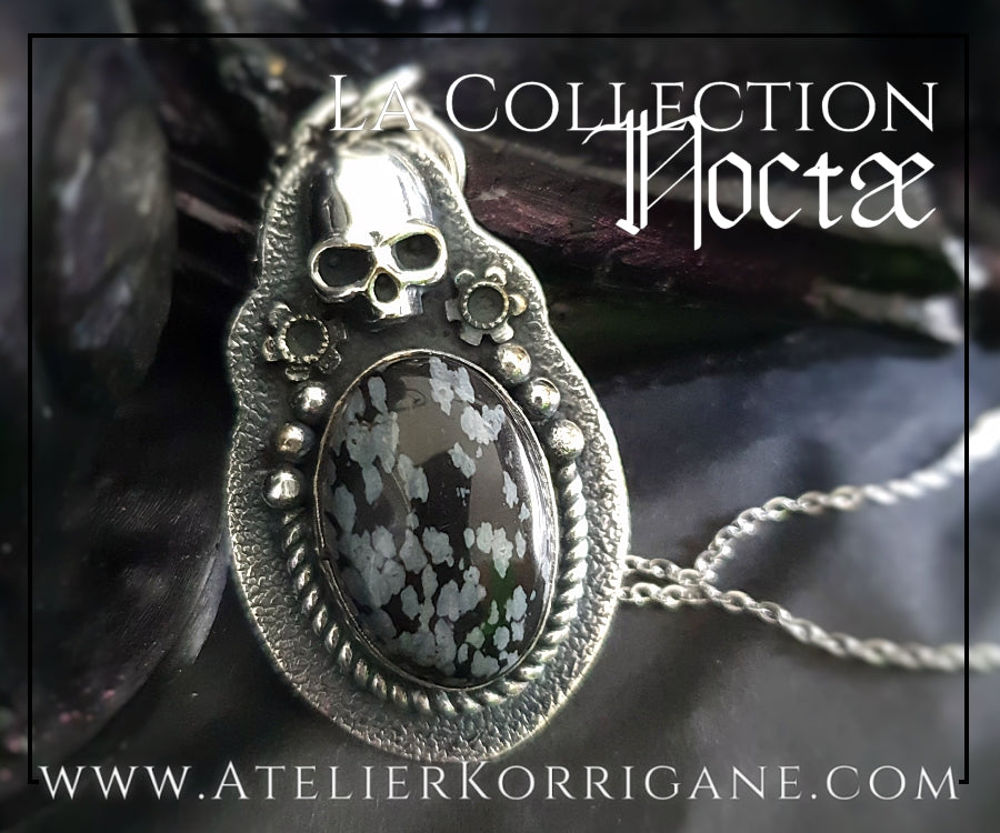 Pendentif Noctae en Obsidienne flocons de neige et Argent Korrigane